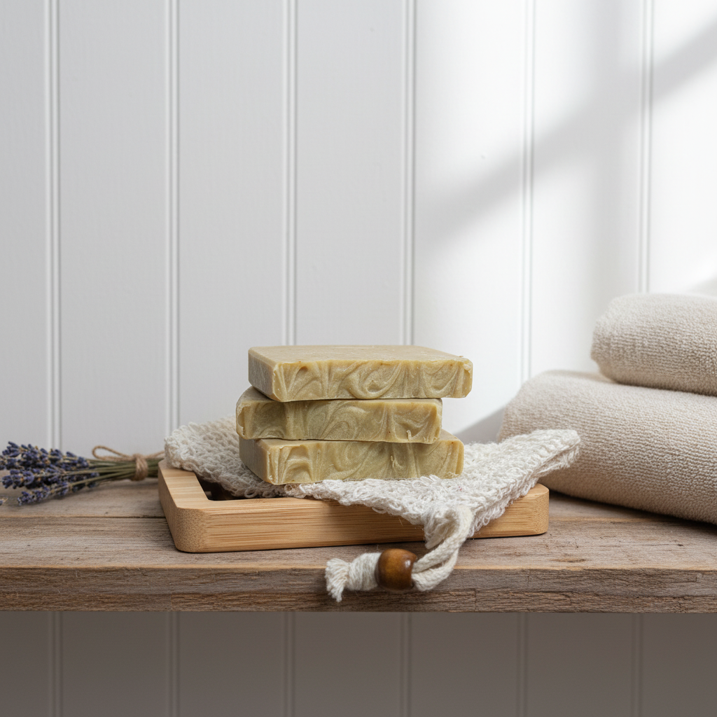 Stack of soap bars on a wooden tray with a white background