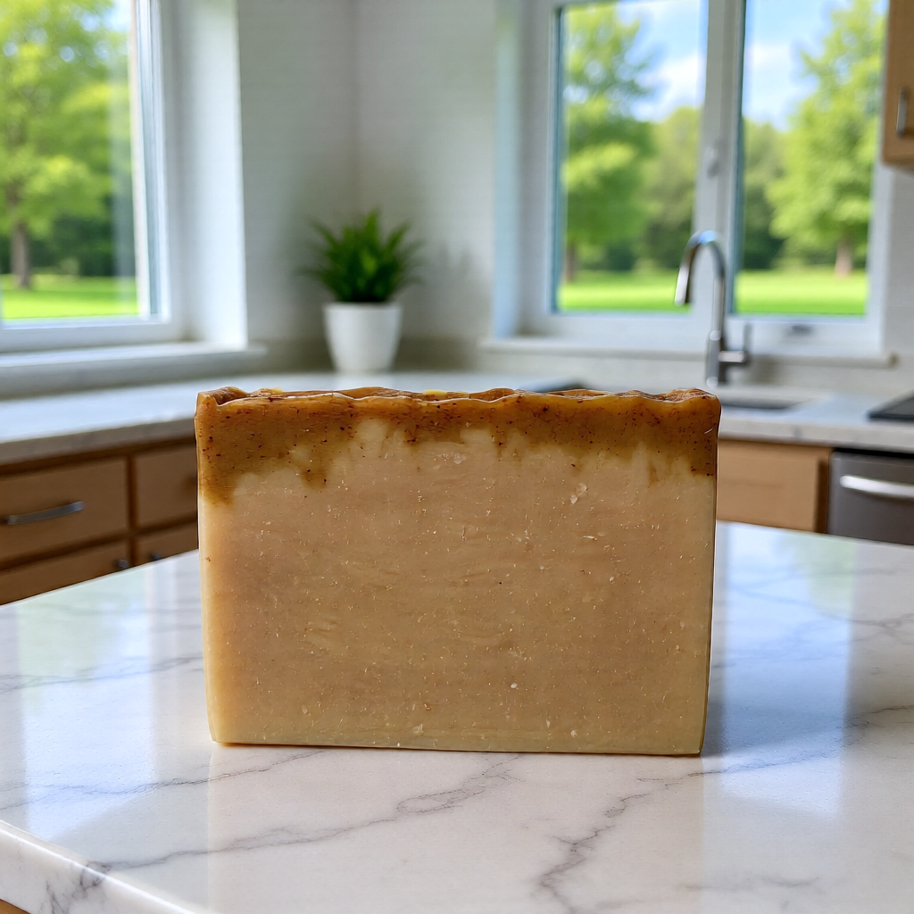  A hand-cut travel-sized soap bar featuring a pink clay base layer and a turmeric powder top layer.
