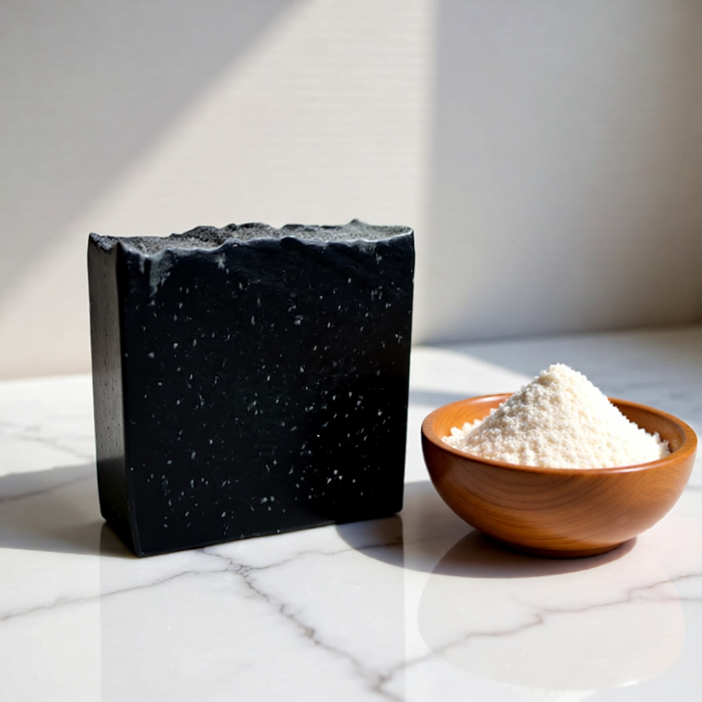  "BY RICEL Onyx Soul charcoal soap bar standing upright on a marble surface beside a wooden bowl of goat milk powder"