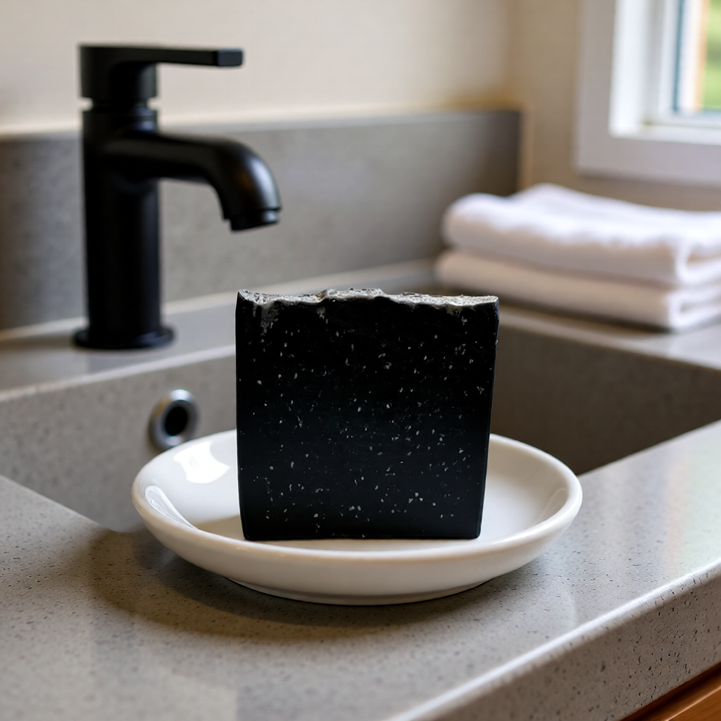 "BY RICEL Onyx Soul charcoal soap bar on a white ceramic soap dish beside a bathroom sink with a matte black faucet"