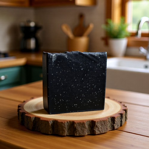  "BY RICEL Onyx Soul handcrafted charcoal soap bar standing upright on a rustic wood slice in a warm kitchen setting"