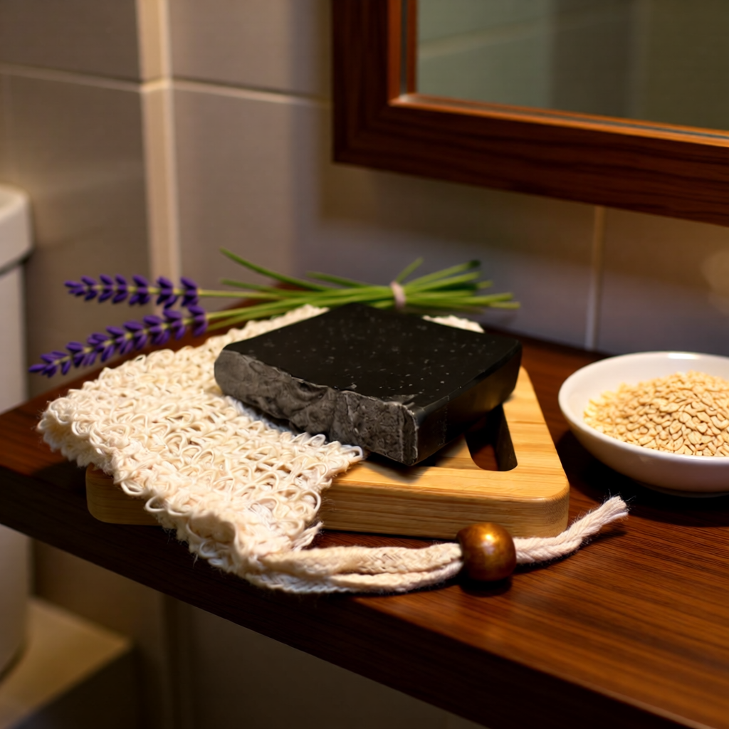"BY RICEL Onyx Soul charcoal soap bar on a bamboo soap drain with a soap saver bag, fresh lavender sprigs, and a bowl of colloidal oatmeal on a wood bathroom shelf"