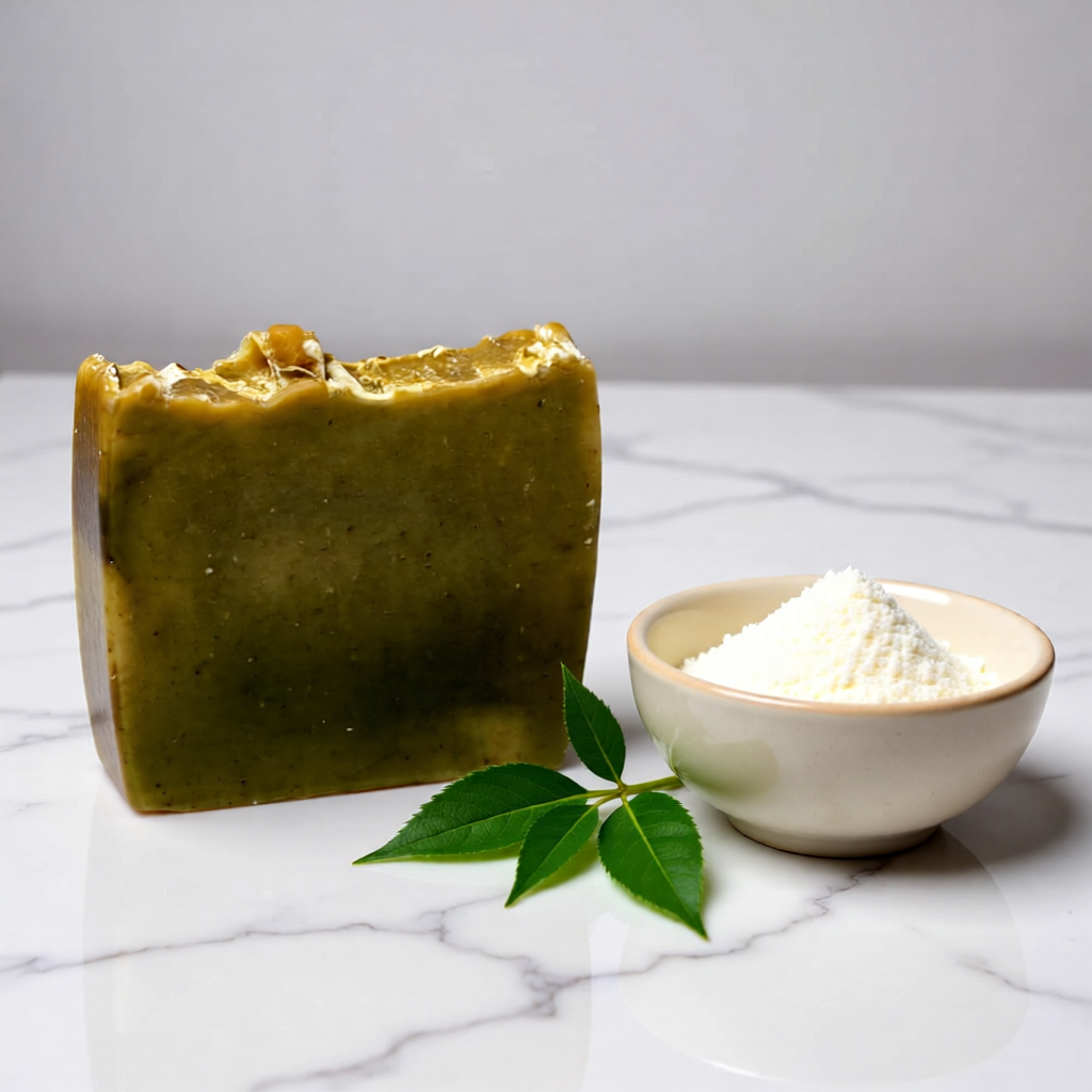 "BY RICEL Terra Bar travel size artisan soap bar standing upright on a white marble surface beside a ceramic bowl of goat milk powder and fresh green botanical leaves"