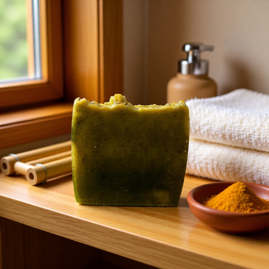 "BY RICEL Terra Bar travel size artisan soap bar on a wood bathroom shelf beside a clay bowl of turmeric powder, bamboo sticks, and folded white towels with warm window light"