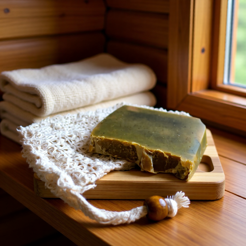 "BY RICEL Terra Bar travel size artisan soap bar on a bamboo soap dish with a mesh soap saver bag and folded white towels on a wood bathroom shelf beside a window"