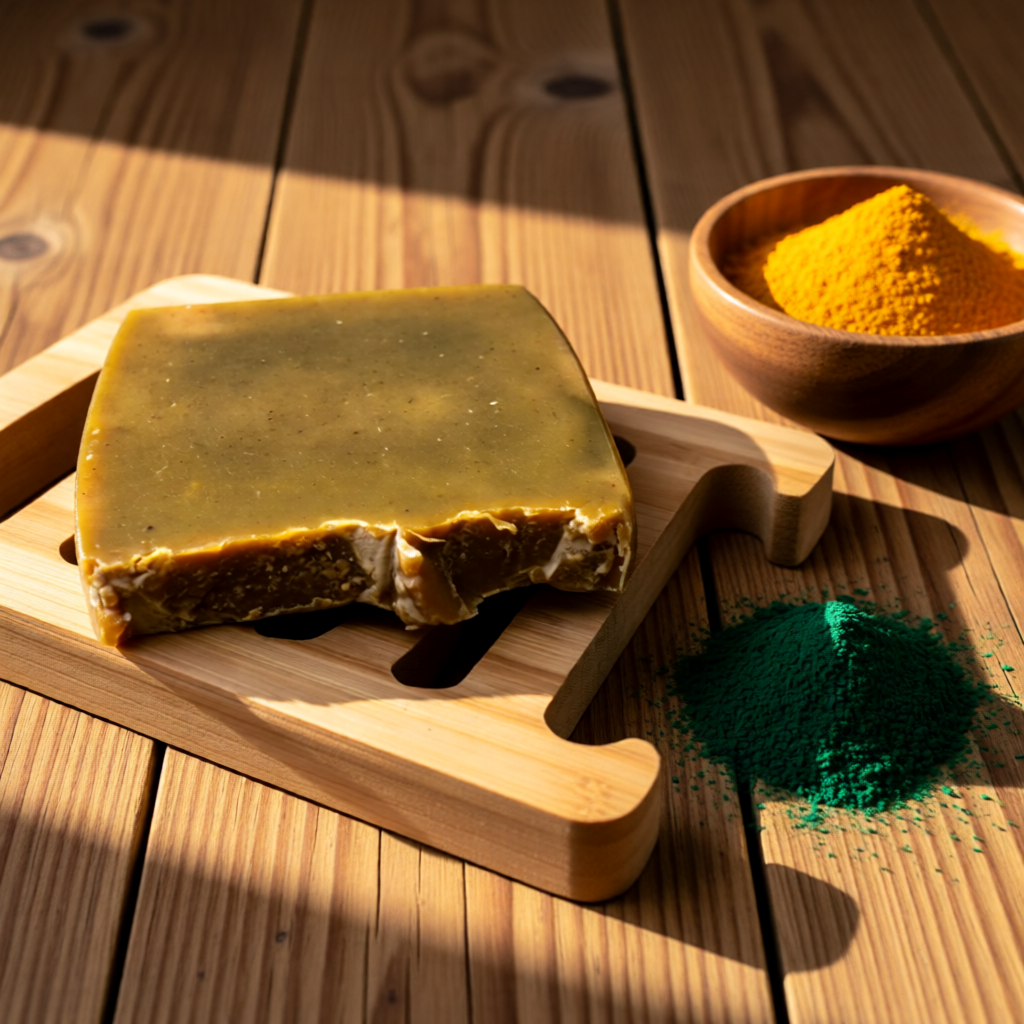 "BY RICEL Terra Bar travel size artisan soap bar on a bamboo soap dish with a wooden bowl of turmeric powder and spirulina powder on a rustic wood surface in warm sunlight"