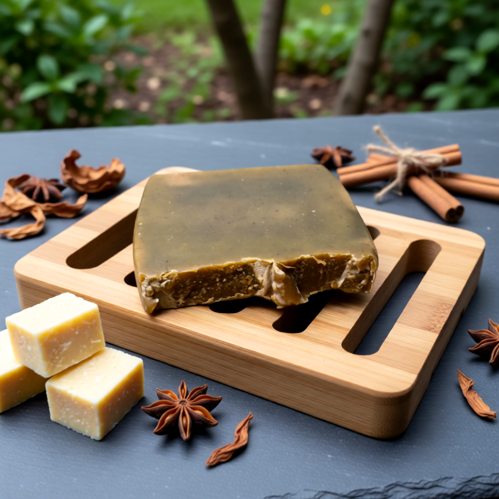 "BY RICEL Terra Bar travel size artisan soap bar on a bamboo soap dish with raw shea butter cubes and dried botanicals on a slate surface with a garden background"