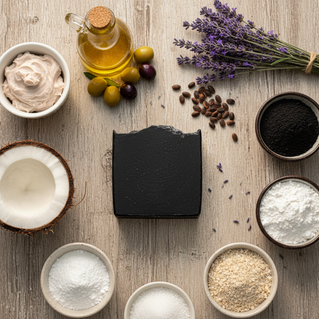 BY RICEL Onyx Soul artisan tallow soap bar surrounded by its key ingredients — grass-fed tallow, olive oil, coconut, castor oil, lavender, activated charcoal, goat milk powder, colloidal oatmeal, sugar, and kaolin clay — on a warm wooden surface