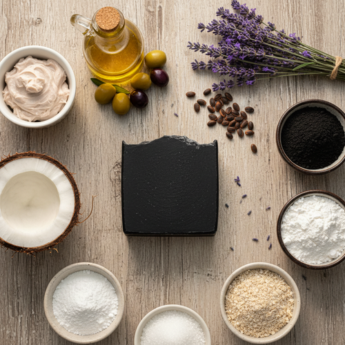 BY RICEL Onyx Soul artisan tallow soap bar surrounded by its key ingredients — grass-fed tallow, olive oil, coconut, castor oil, lavender, activated charcoal, goat milk powder, colloidal oatmeal, sugar, and kaolin clay — on a warm wooden surface
