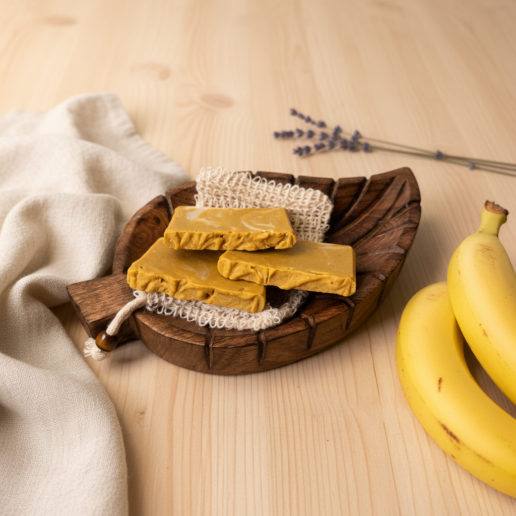 Sweet Banana Cream soap travel bars on wooden leaf dish with bananas and lavender on a light wood surface