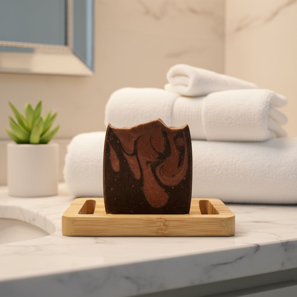Barista's Blend soap in a luxury bathroom setting with marble countertop and white towels