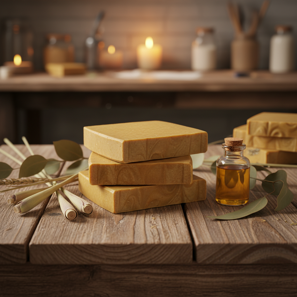 Stacked Lemon Grove tallow soap bars on rustic wooden table with dried lemongrass and eucalyptus