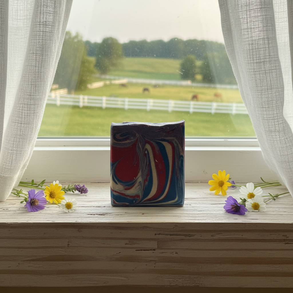 Burst of Liberty soap on windowsill with Kentucky rolling hills view