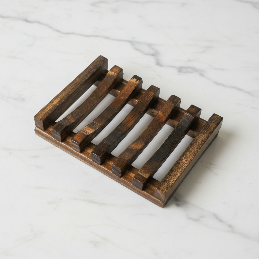 BY RICEL wooden soap dish on white marble surface