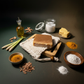 Golden Hour Glow soap surrounded by raw ingredients on dark background