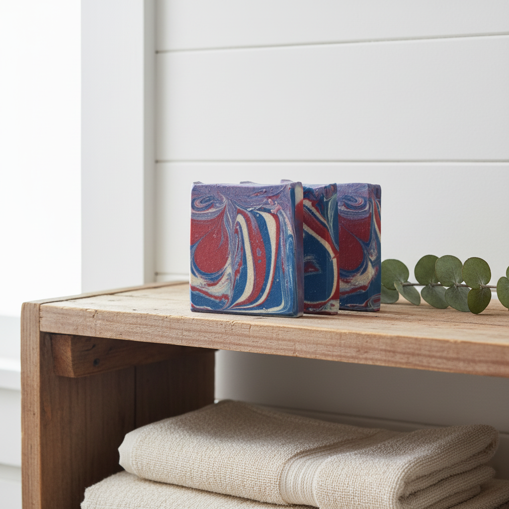 Burst of Liberty soap on rustic farmhouse bathroom shelf