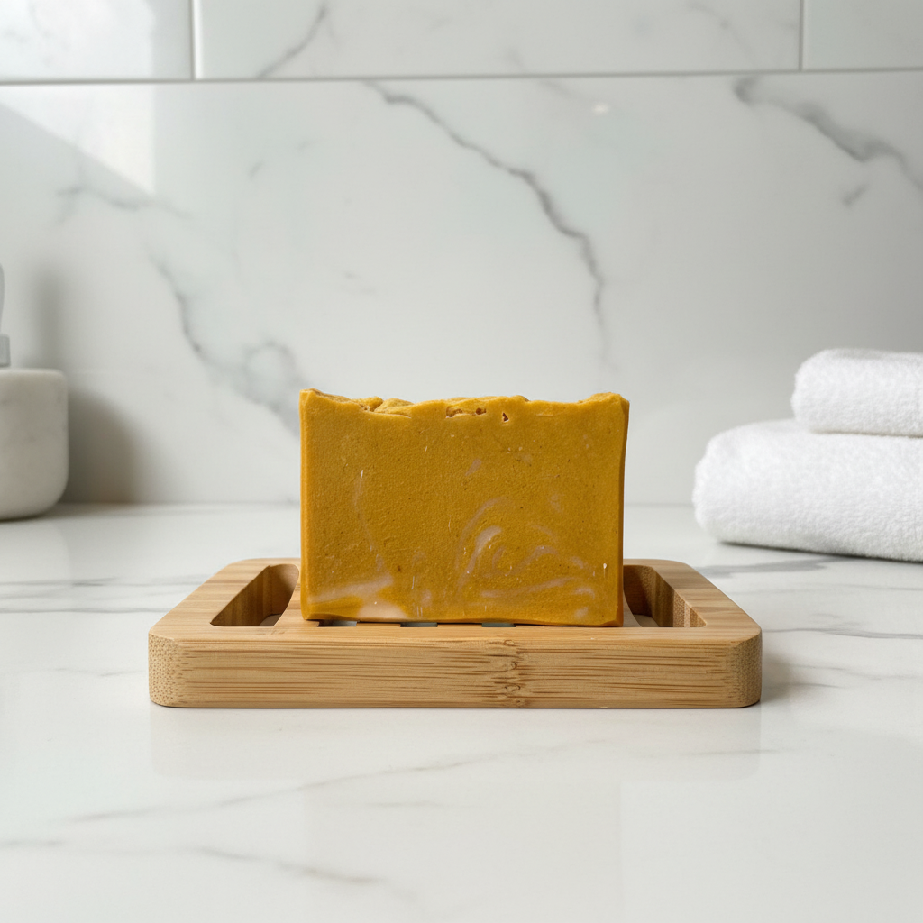 Sweet Banana Cream soap on a bamboo dish with white marble countertop and soft bathroom lighting