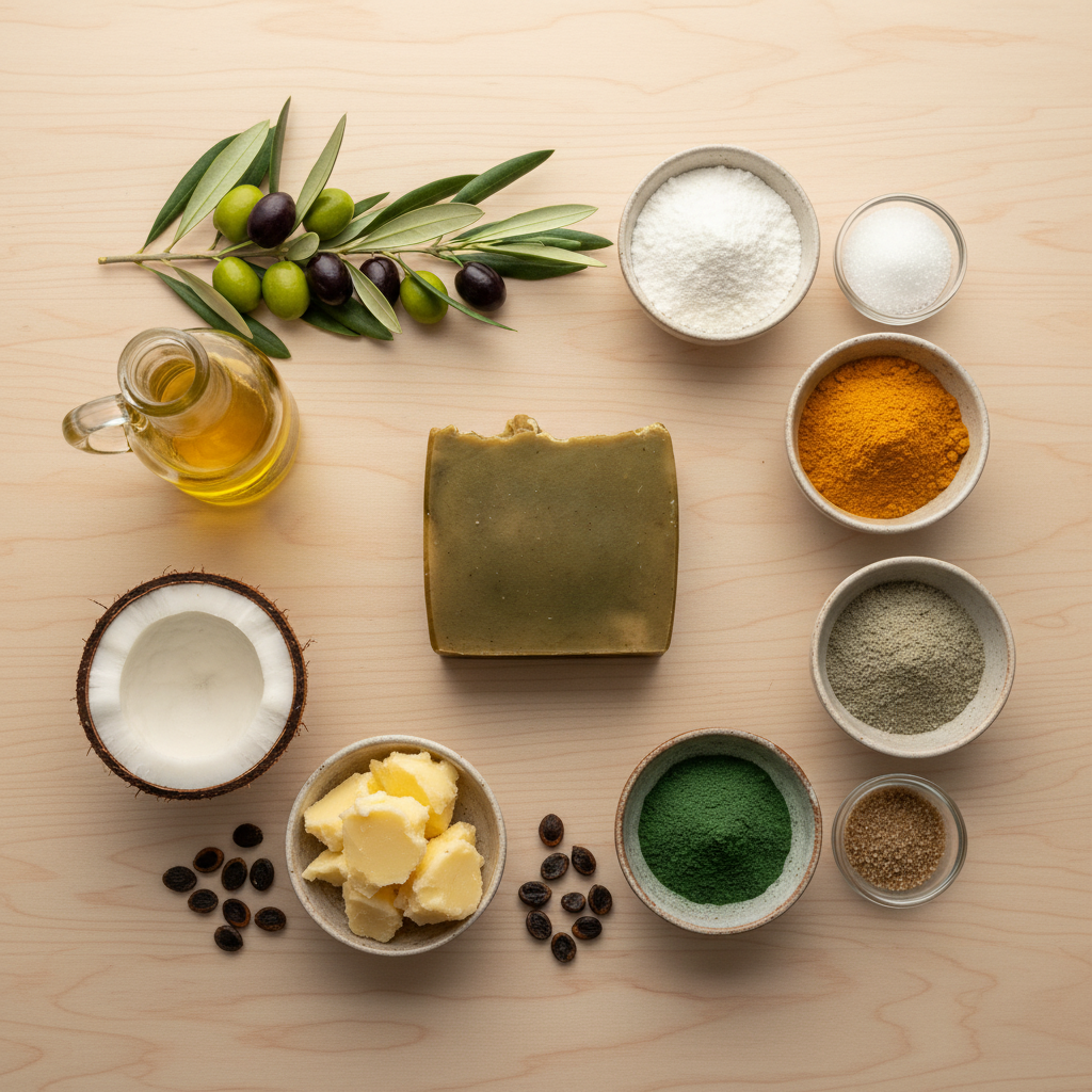 BY RICEL Terra Bar artisan soap bar surrounded by its key ingredients — olive oil, coconut, shea butter, castor oil, spirulina, turmeric, bentonite clay, goat milk powder, colloidal oatmeal, and sugar — on a warm wooden surface