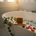 Golden Hour Glow soap on bamboo dish beside luxury bathtub with rose petals and candles