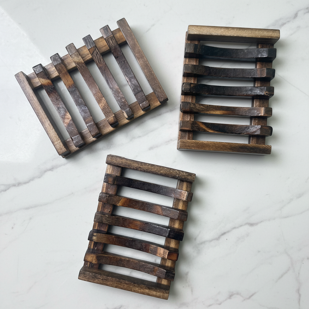 Three BY RICEL wooden soap dishes on white marble surface