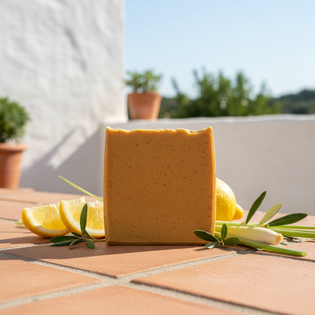 Lemon Grove tallow soap bar on terracotta surface with lemon slices and lemongrass