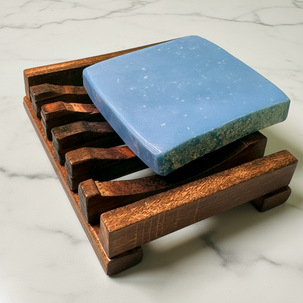 BY RICEL wooden soap dish with blue soap bar at angle on white marble