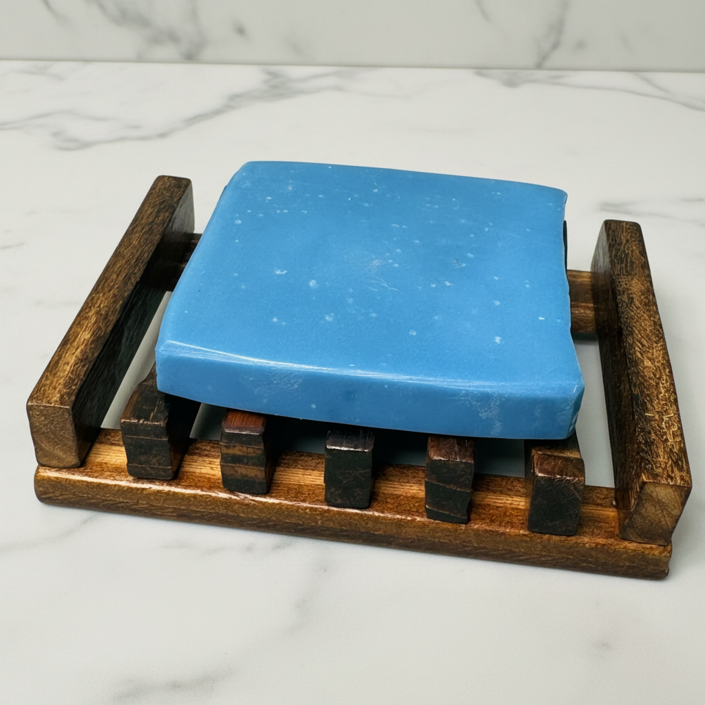 BY RICEL wooden soap dish with blue soap bar on white marble