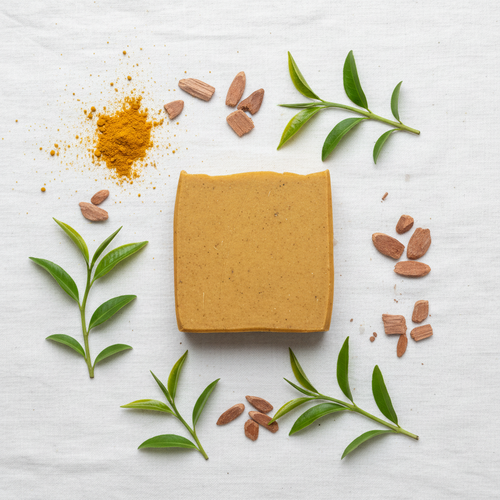 Lemon Grove tallow soap bar on white linen with turmeric, tea tree sprigs and cedarwood chips