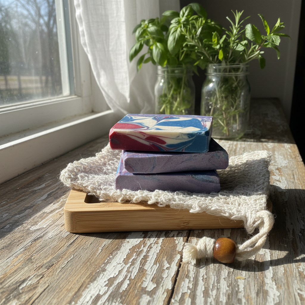 Three stacked Burst of Liberty soap bars with muslin bag on bamboo dish, farmhouse kitchen windowsill, Kentucky